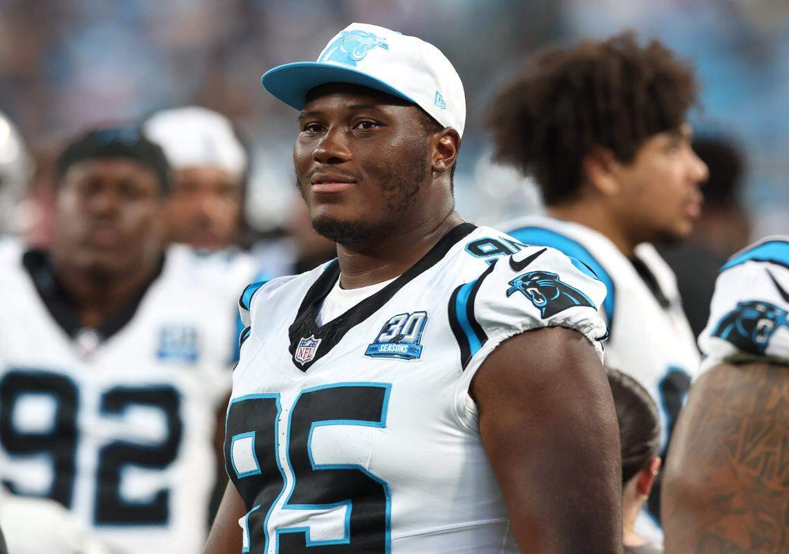 Carolina Panthers defensive end Derrick Brown stands along the team’s sideline during second quarter action against the New York Jets at Bank of America Stadium in Charlotte, NC on Saturday, August 17, 2024.