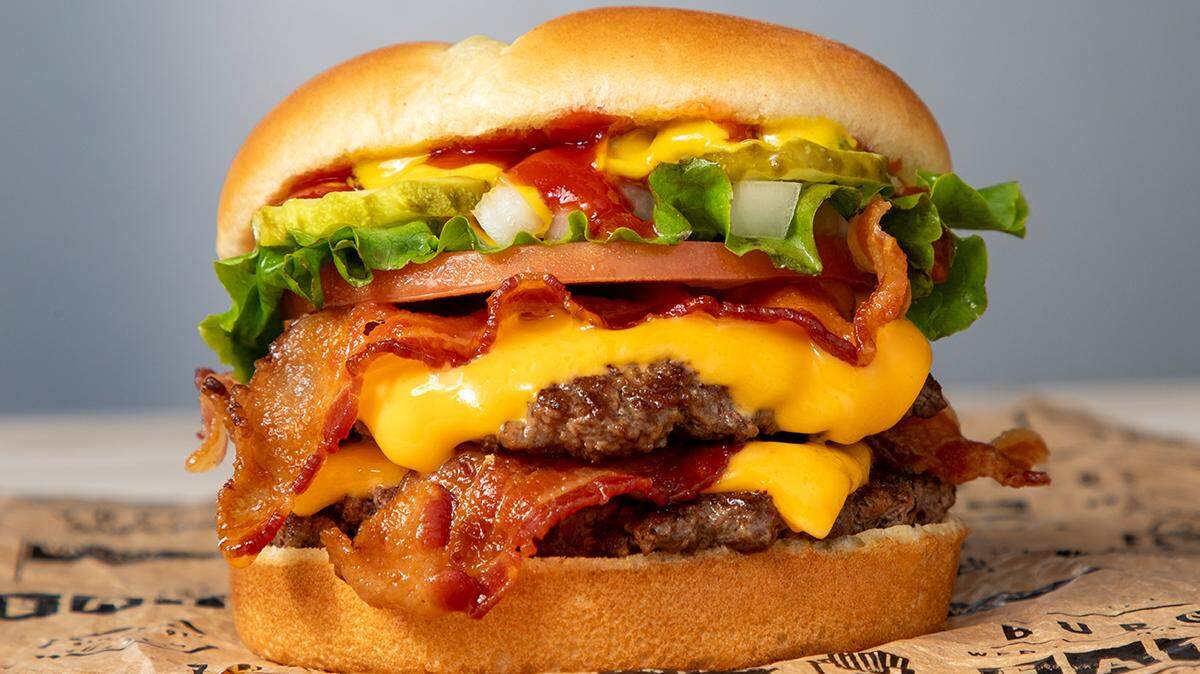 The signature double bacon burger from Wayback Burgers.