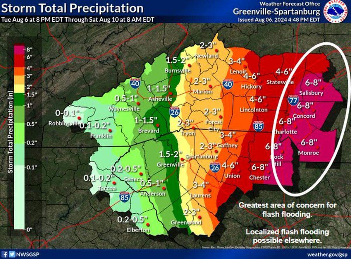 Tropical Storm Debby could dump 6 to 8 inches of rain on Charlotte, Concord, Monroe and Rock Hill through Friday, according to National Weather Service maps on Wednesday, Aug. 7, 2024.