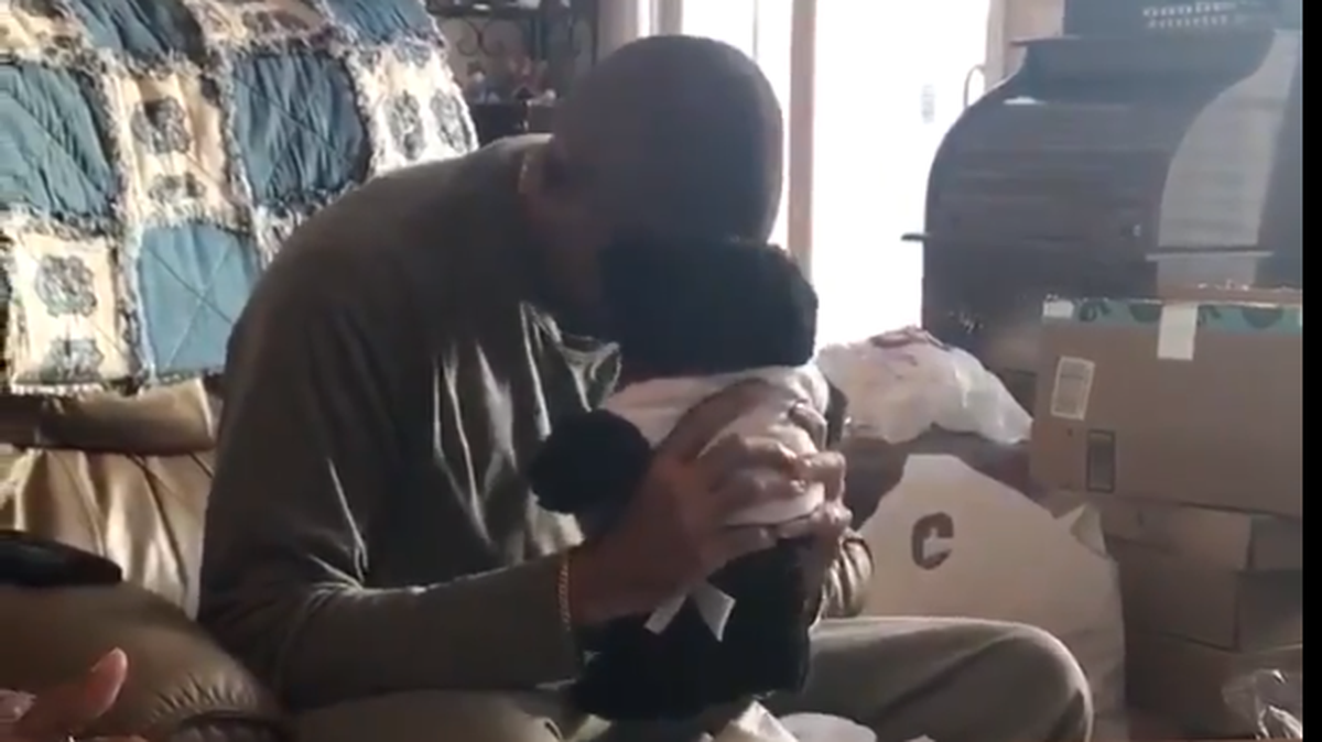 Dexter Tinnin reacts to hearing his dead mother’s voice coming from a stuffed bear on Christmas. Twitter screenshot