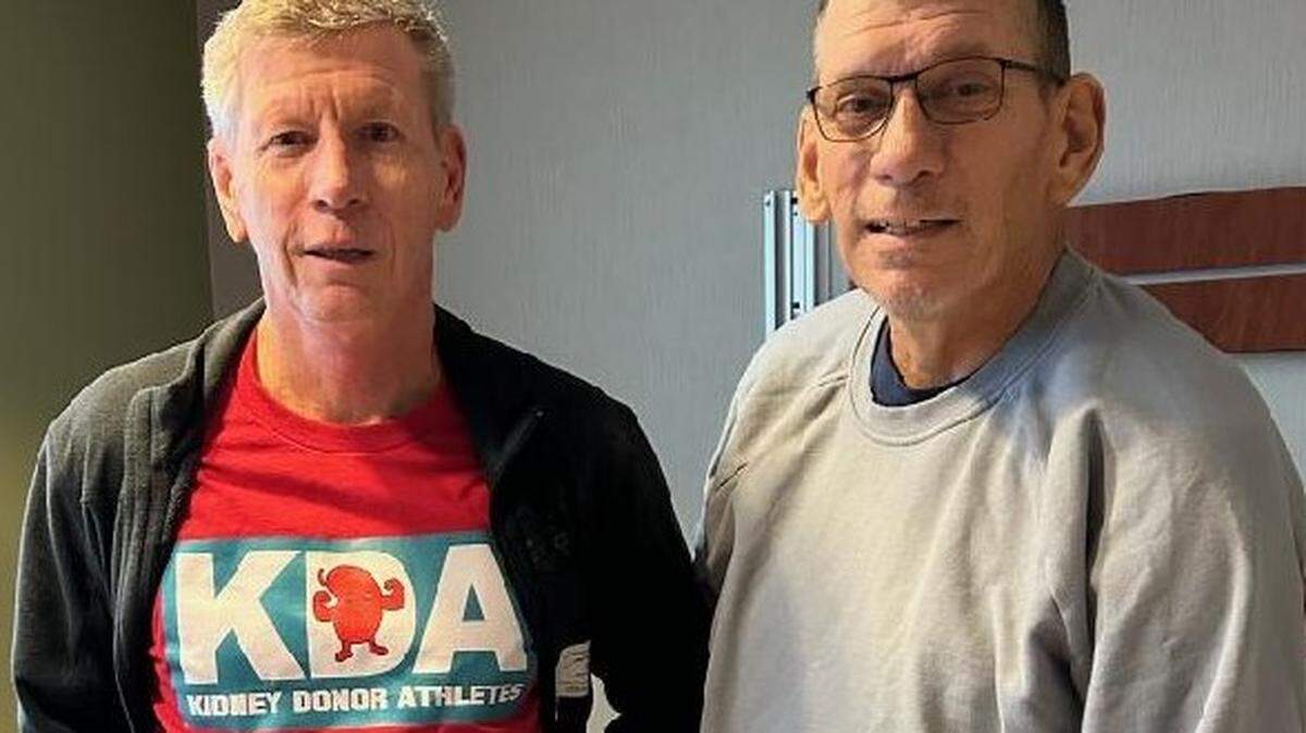 Dave Koontz, left, with his brother Glenn “Mart” Koontz, photographed in February in Charlotte at the Atrium Health hospital where Mart was having one of his kidneys removed.