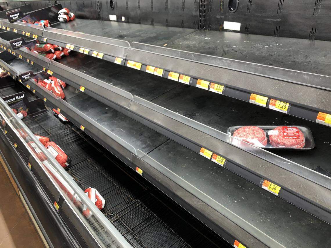 The ground beef section at the WalMart on Wilkinson Blvd. in Charlotte, NC is nearly empty on Wednesday, May 6, 2020.