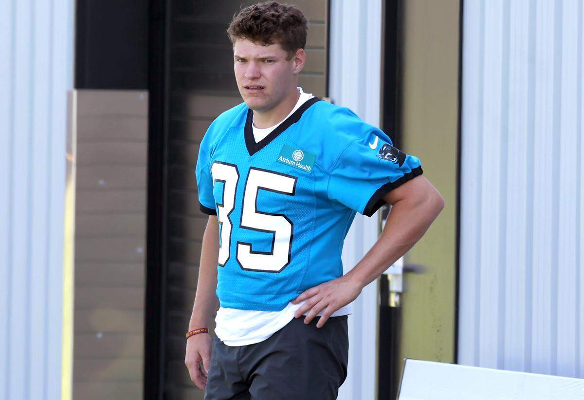 Carolina Panthers rookie kicker Ryan Fitzgerald stands along the sideline during the team’s rookie minicamp practice on Friday, May 9, 2025. 