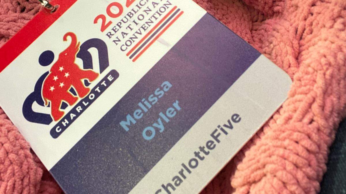 A media press badge from the 2020 Republican National Convention media walk-thru, held in November 2019 at Spectrum Center.