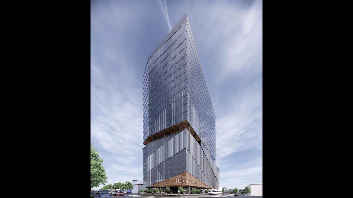 A rendering of the 23-story tower planned at the East/West LYNX Blue Line station from developers Stiles and Shorenstein Properties.
