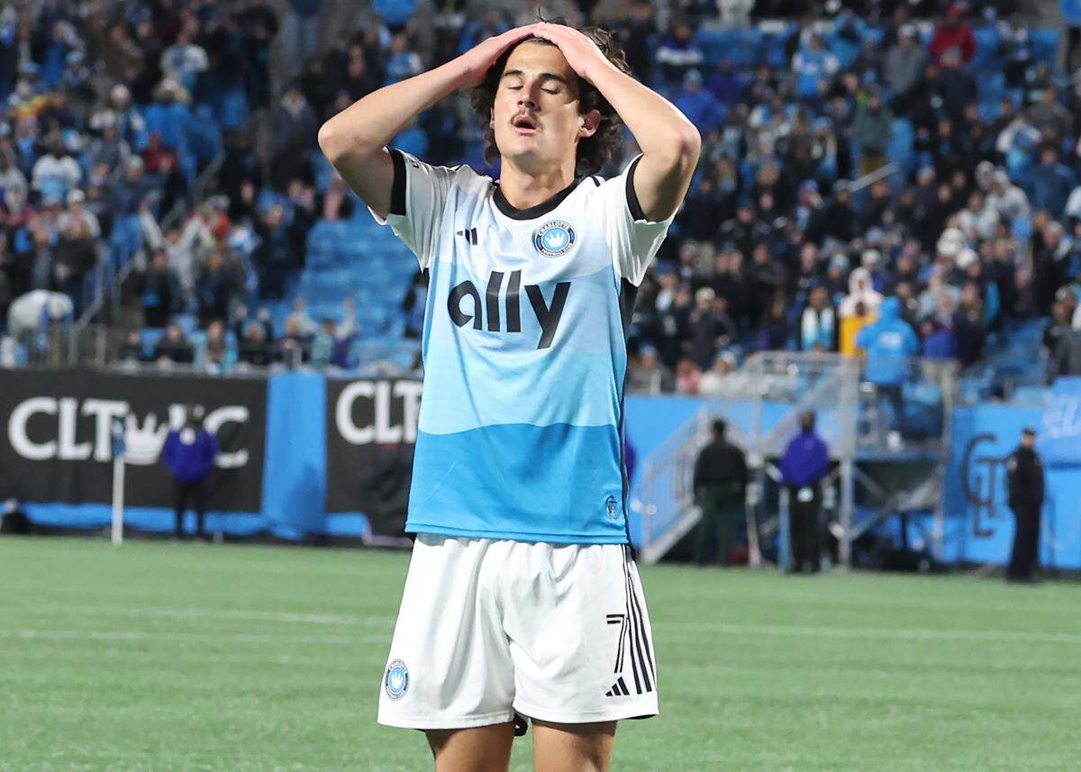 Charlotte FC striker Archie Goodwin reacts to his missed shot on goal during action against New York City FC on in Charlotte. 