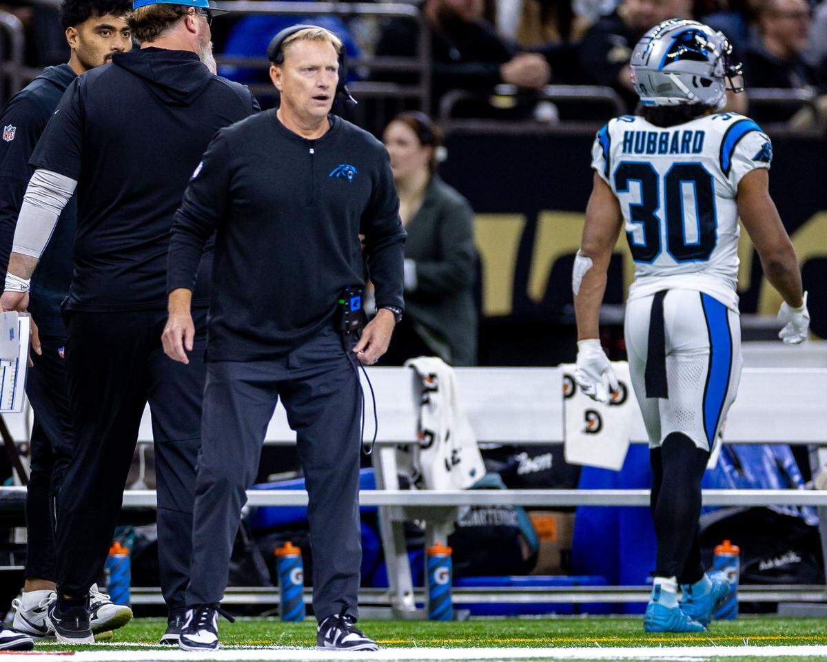 Dec 10, 2023; New Orleans, Louisiana, USA; Carolina Panthers interim head coach Chris Tabor reacts to a missed field goal by New Orleans Saints place kicker Blake Grupe (19) during the first half at the Caesars Superdome. Mandatory Credit: Stephen Lew-USA TODAY Sports