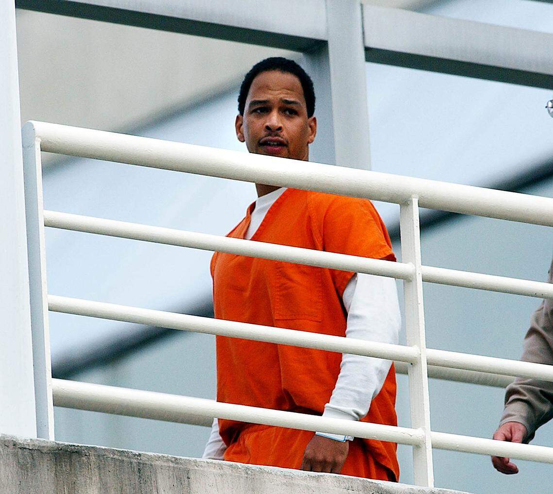 Former Carolina Panther Rae Carruth is shown in 2003. In a nationally televised trial, Carruth was convicted of conspiring to murder his pregnant girlfriend, Cherica Adams, and their unborn child. He served almost 19 years in prison for the crime and was released in October 2018.
