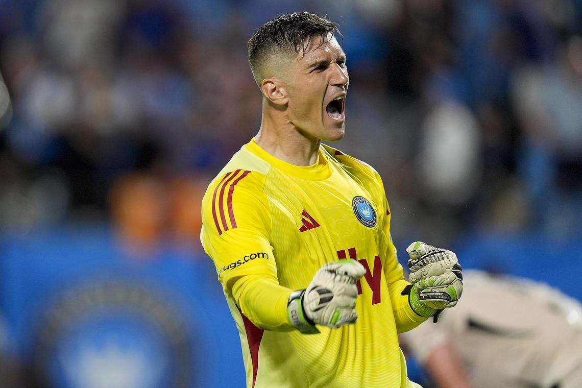 Charlotte FC goalkeeper Kristijan Kahlina (1) reacts to a victory during the team’s eight-game win streak.