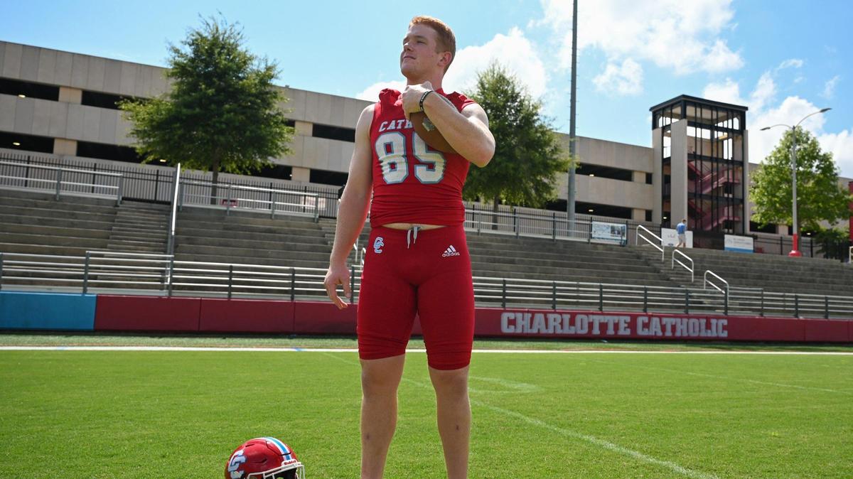 Charlotte Catholic’s Jack Larsen, a Notre Dame recruit, is preparing to enter his senior year and final season of high school football. Larsen and the rest of Charlotte Catholic will play Providence Day on ESPNU this Friday, September 1, 2023.