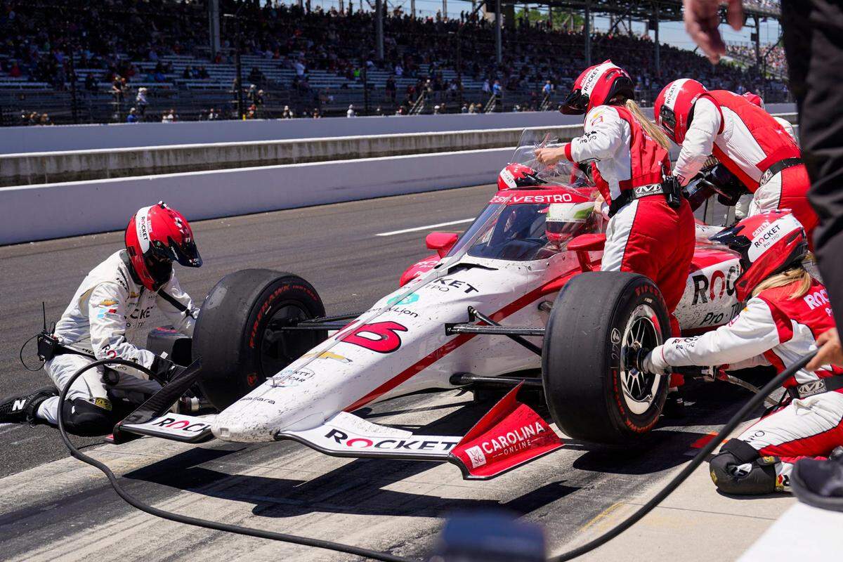 Simona De Silvestro, of Switzerland, pits during the Indianapolis 500 auto race at Indianapolis Motor Speedway in Indianapolis, Sunday, May 30, 2021. (AP Photo/Michael Conroy)