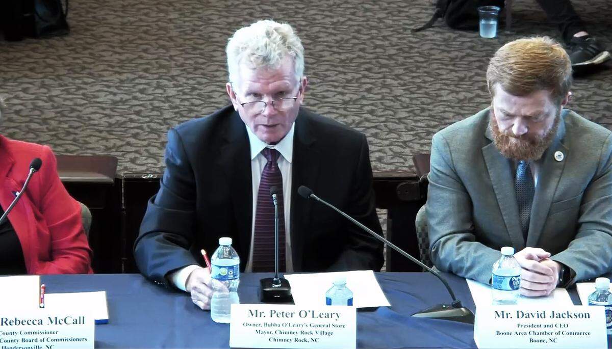 Peter O’Leary, owner of Bubba O’Leary’s General Store and mayor of Chimney Rock Village, gives his opinion at the SBA’s Hurricane Helene Response: One Year Later held Monday.