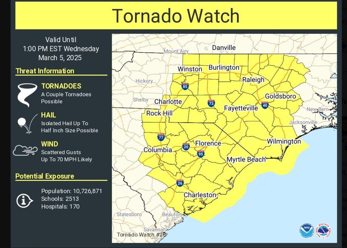Mecklenburg, Cabarrus and Union counties are under a tornado watch until 1 p.m. Wednesday as severe storms with strong winds and heavy rain batter the region.
