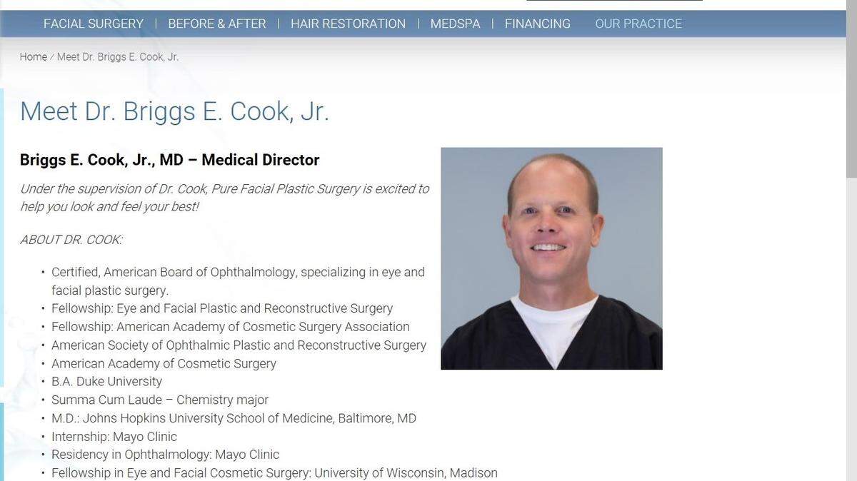 A screengrab of Briggs Cook's bio on PURE Facial Plastic Surgery & MedSpa's website.