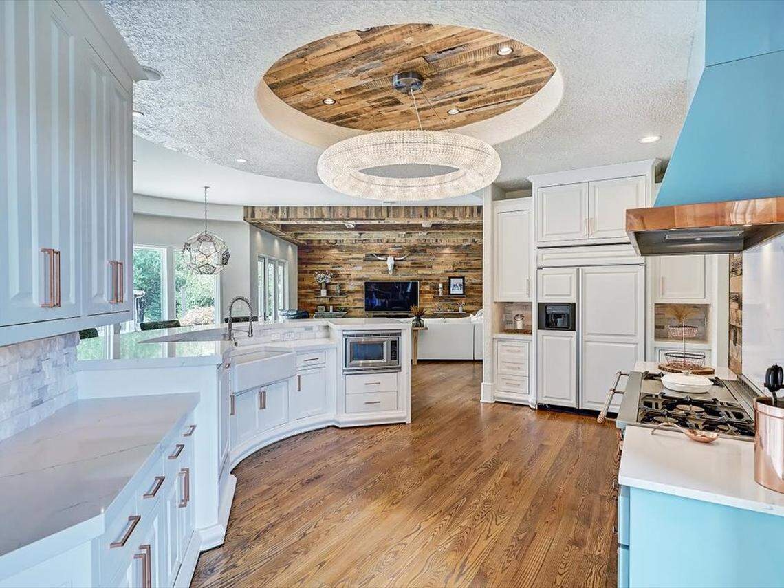 An interior kitchen is pictured in the 9,986-square-foot mansion at 355 Pelham Lane in Rowan County near Mooresville.