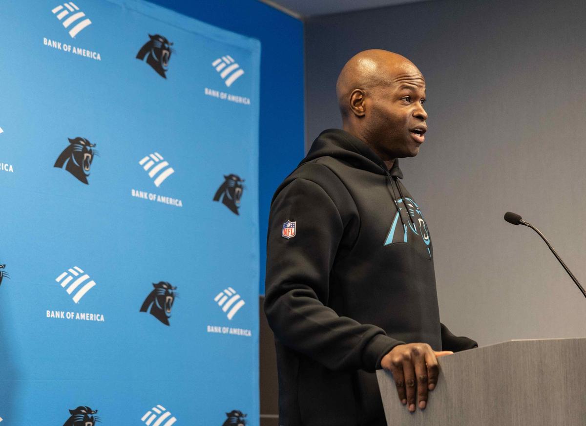 Panthers defensive coordinator Ejiro Evero speaks at in Charlotte, N.C., on Wednesday, February 22, 2023.