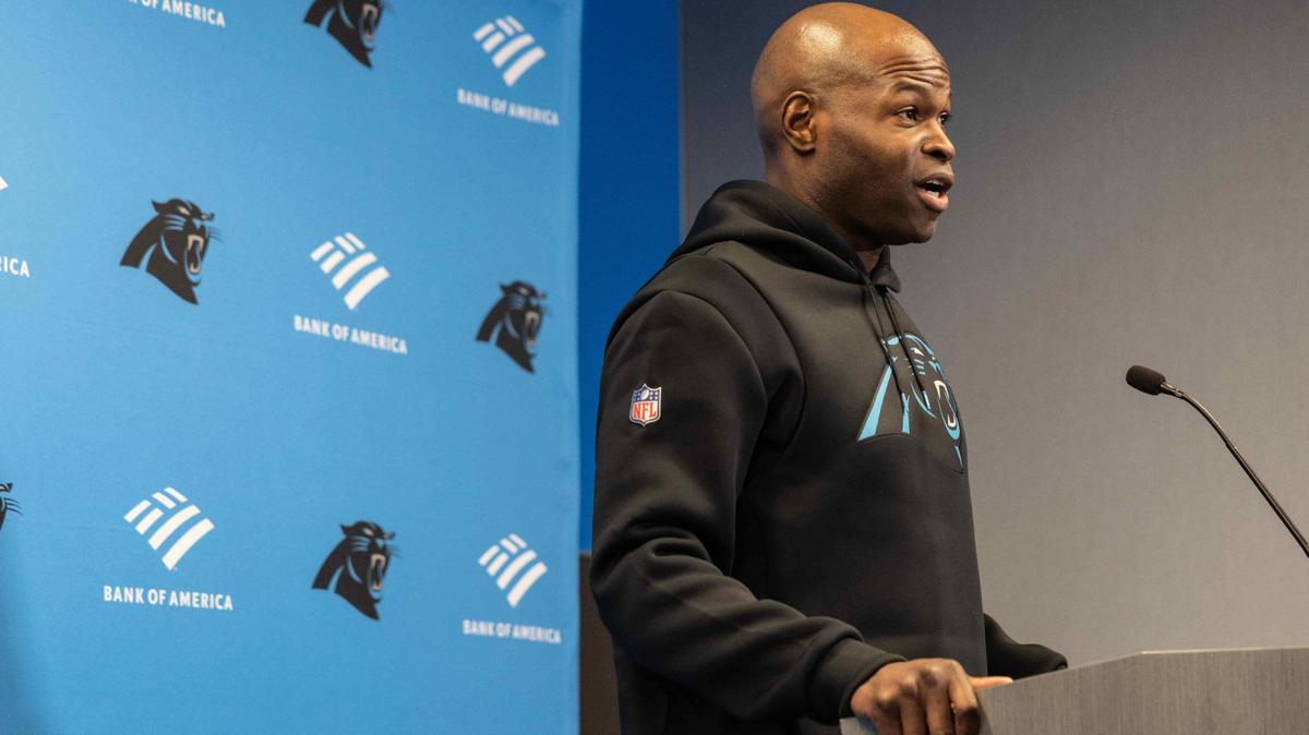 Panthers defensive coordinator Ejiro Evero speaks at in Charlotte, N.C., on Wednesday, February 22, 2023.