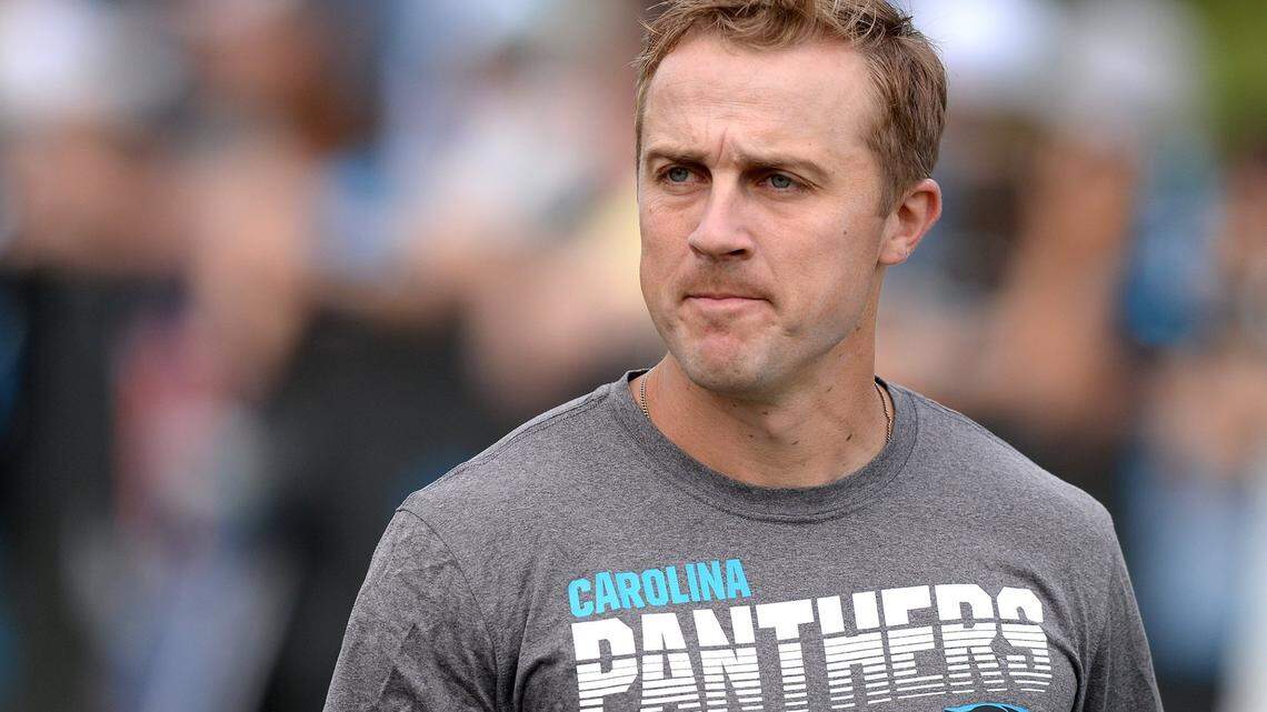 Carolina Panthers running backs coach Jake Peetz during practice at Wofford College in Spartanburg, SC in 2019.