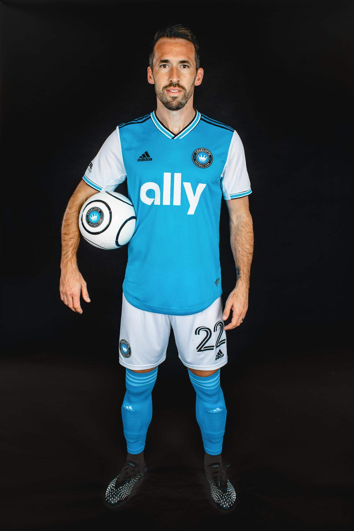 Charlotte FC player Christian Fuchs poses in the team’s inaugural primary uniform, which was unveiled Dec. 9, 2021.