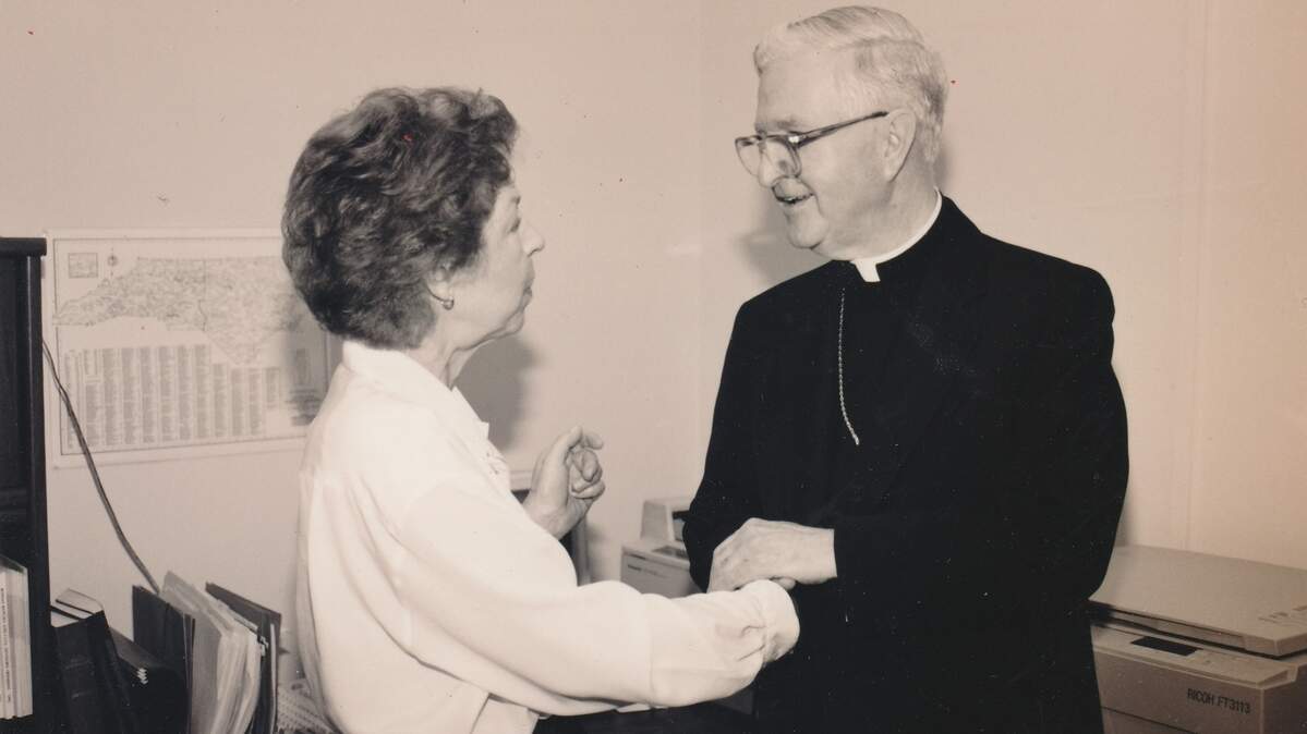 Mary Lou Hildreth with then-Bishop of Charlotte William George Curlin. Hildreth worked for decades for the Diocese of Charlotte.