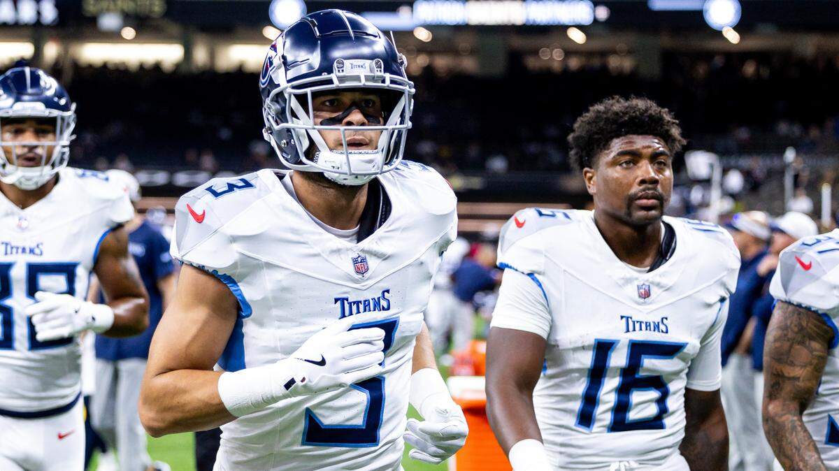 Tennessee Titans cornerback Caleb Farley (3) and wide receiver Treylon Burks (16) during the warmups before an August game against the New Orleans Saints at Caesars Superdome.