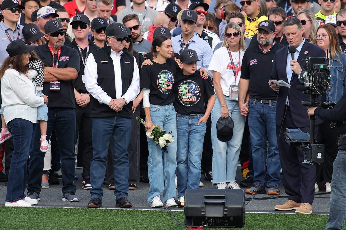 CONCORD, NORTH CAROLINA - MAY 24: (L-R) NASCAR Hall of Famer and RCR team owner, Richard Childress, Samantha Busch (wife) Brexton Busch (son) and NASCAR Chief Executive Officer Steve O'Donnell at the remembrance ceremony for Kyle Busch, who passed away suddenly at the age of 41, on the grid prior to the NASCAR Cup Series Coca-Cola 600 at Charlotte Motor Speedway on May 24, 2026 in Concord, North Carolina. (Photo by Jonathan Bachman/Getty Images)
