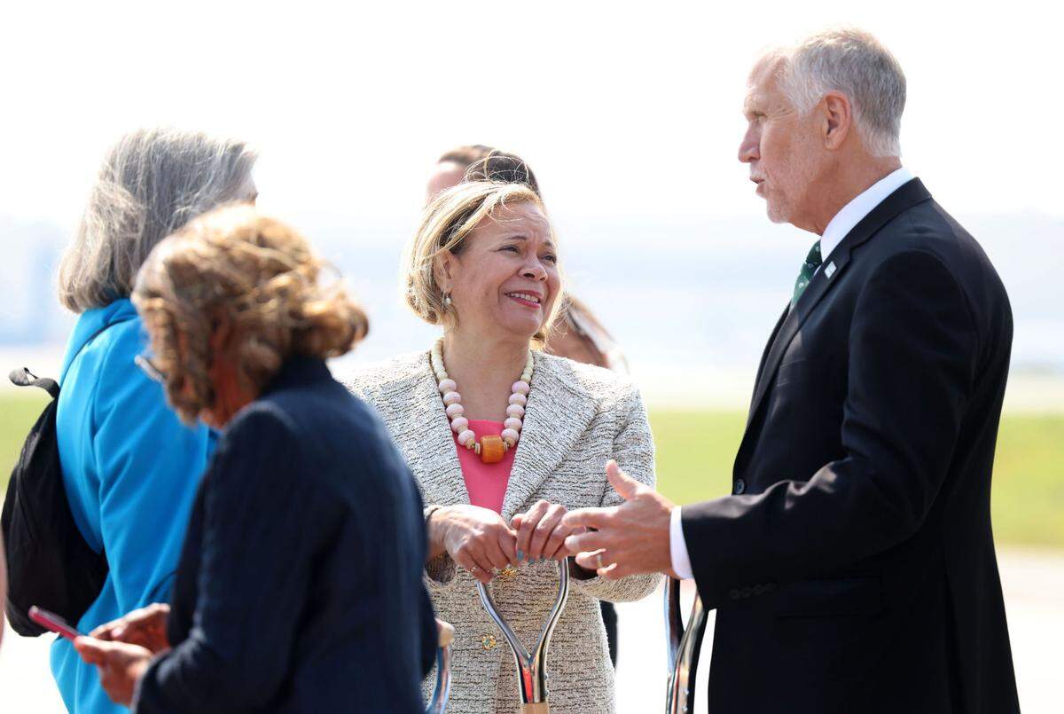 U.S. Senator Thom Tillis, right, and mayor Vi Lyles&nbsp;chat during the Charlotte Douglas International Airport groundbreaking of Fourth Parallel Runway Friday morning June 9, 2023 in Charlotte. The new runway - 10,000 feet long and 150 feet wide - is part of over $3.1 billion of capital improvements.