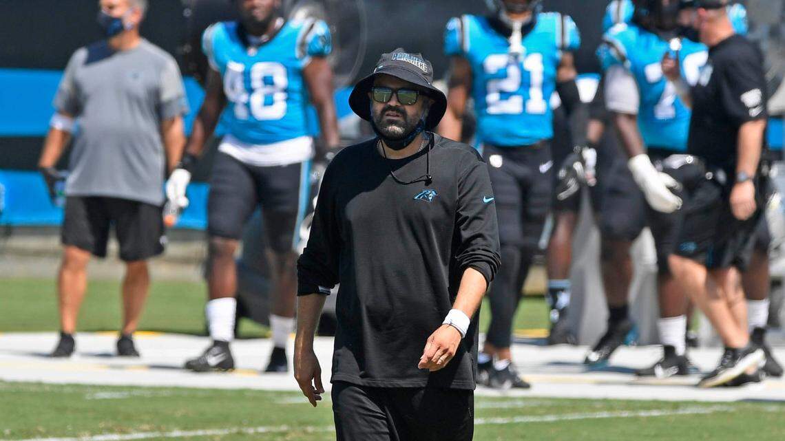 Carolina Panthers head coach Matt Rhule conducts practice at Bank of America Stadium on Friday, September 4, 2020.