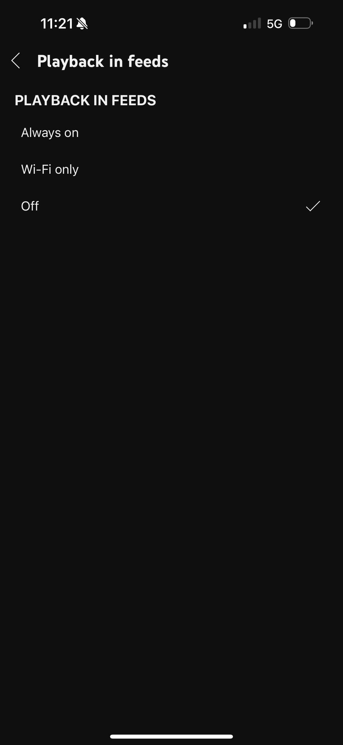 This screenshot shows the “Playback in feeds” page on the YouTube app.