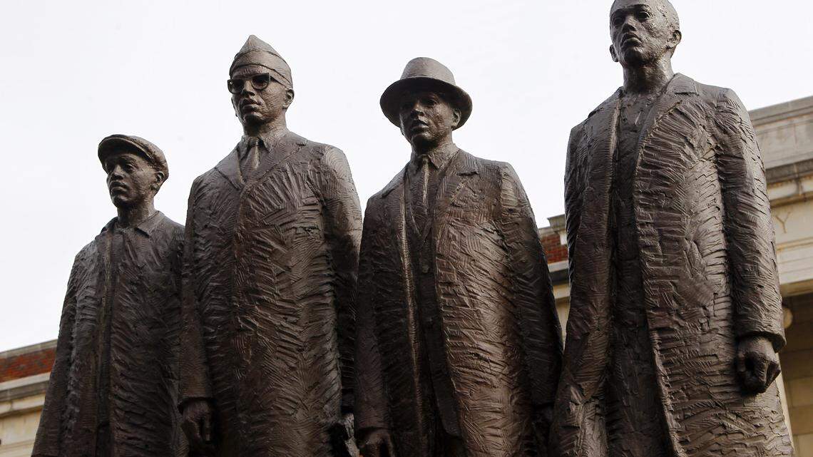 A statue of the four students who staged a civil rights sit-in at a Greensboro lunch counter in 1960 stands on the campus at N.C. A&T University in Greensboro NC on Jan. 23, 2014. They are David Richmond, Franklin McCain, Ezell Blair, Jr., and Joseph McNeil.
