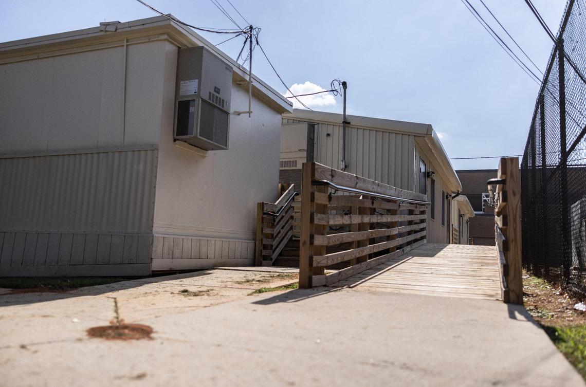 Harding University High School in Charlotte has 16 mobile classrooms, like the ones pictured here, because there is not enough brick-and-mortar space for students.