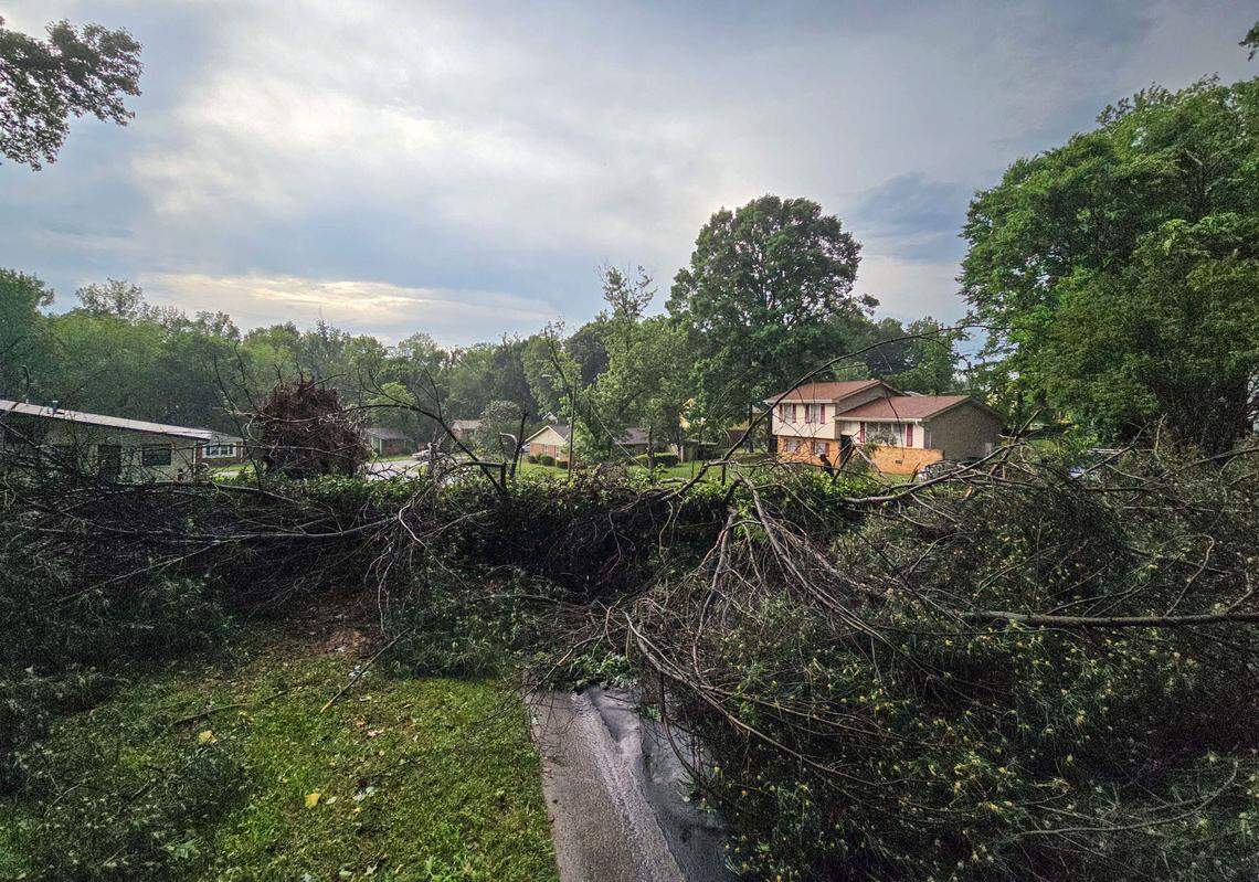 A downed tree blocks Northbrook Drive in Charlotte Wednesday afternoon, May 8, 2024. Severe storms with potentially damaging straight-line winds pummeled the Charlotte region on Wednesday, with a chance of hail “larger than golf balls,” according to the National Weather Service.