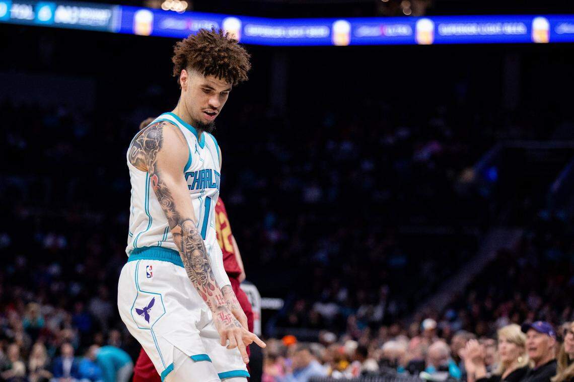 Charlotte Hornets guard LaMelo Ball (1) celebrates a three point basket against the Cleveland Cavaliers during the second quarter at Spectrum Center.