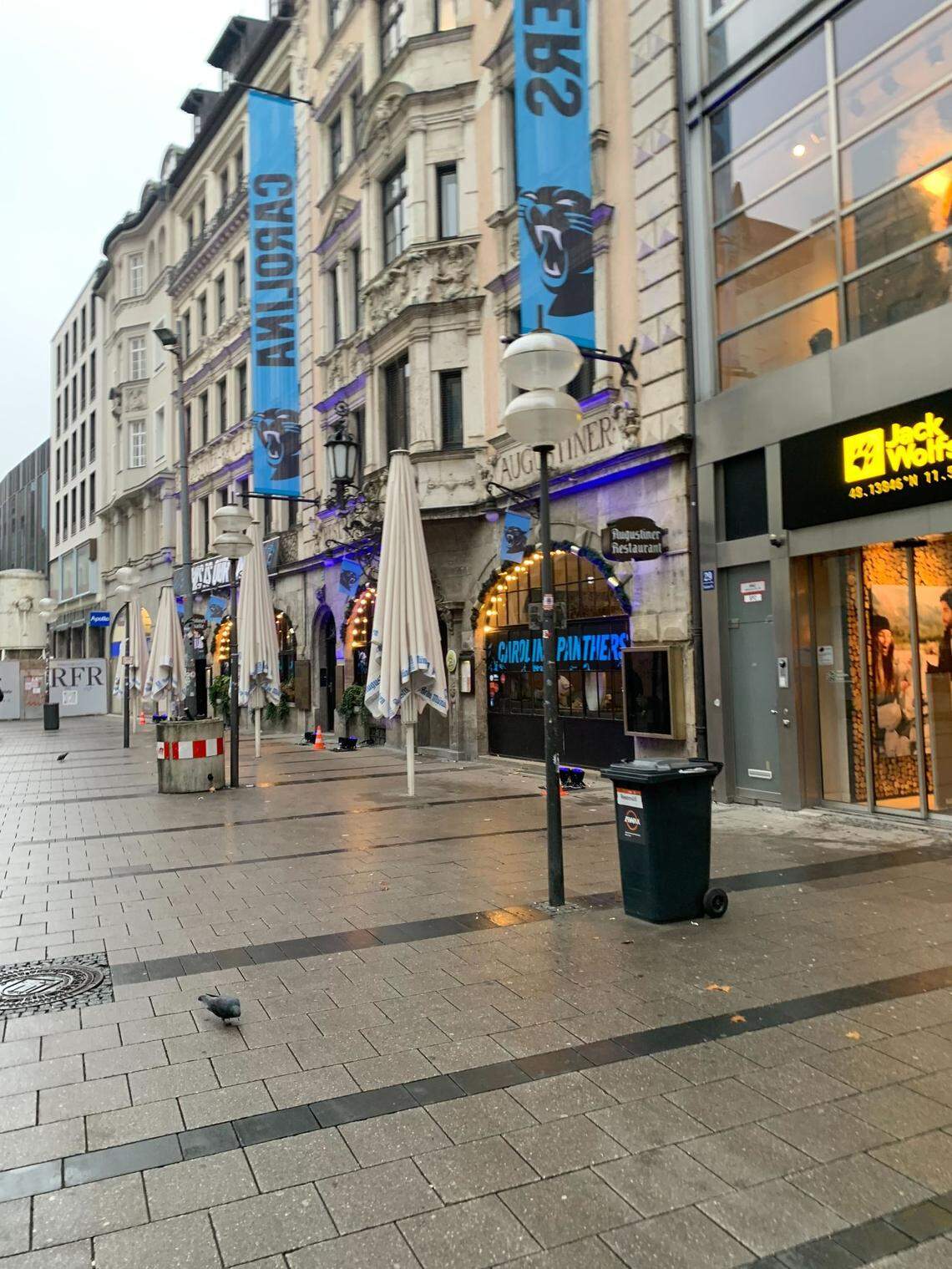 Augustiner Stammhaus, the Carolina Panthers’ designated home base for fans in Munich, Germany for the 2024 NFL International Series game, has team logos and flags all over the venue.