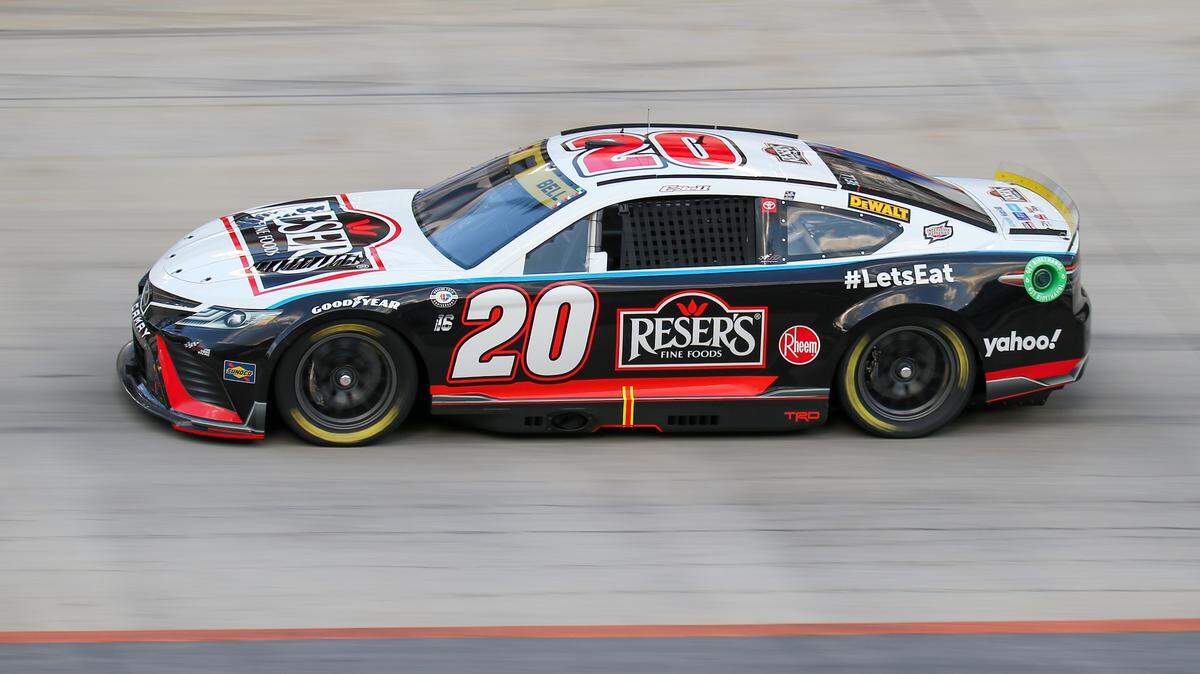 Sep 15, 2023; Bristol, Tennessee, USA; NASCAR Cup Series driver Christopher Bell (20) wins the pole during qualifying for the Bass Pro Shops Night Race at Bristol Motor Speedway. Mandatory Credit: Randy Sartin-USA TODAY Sports