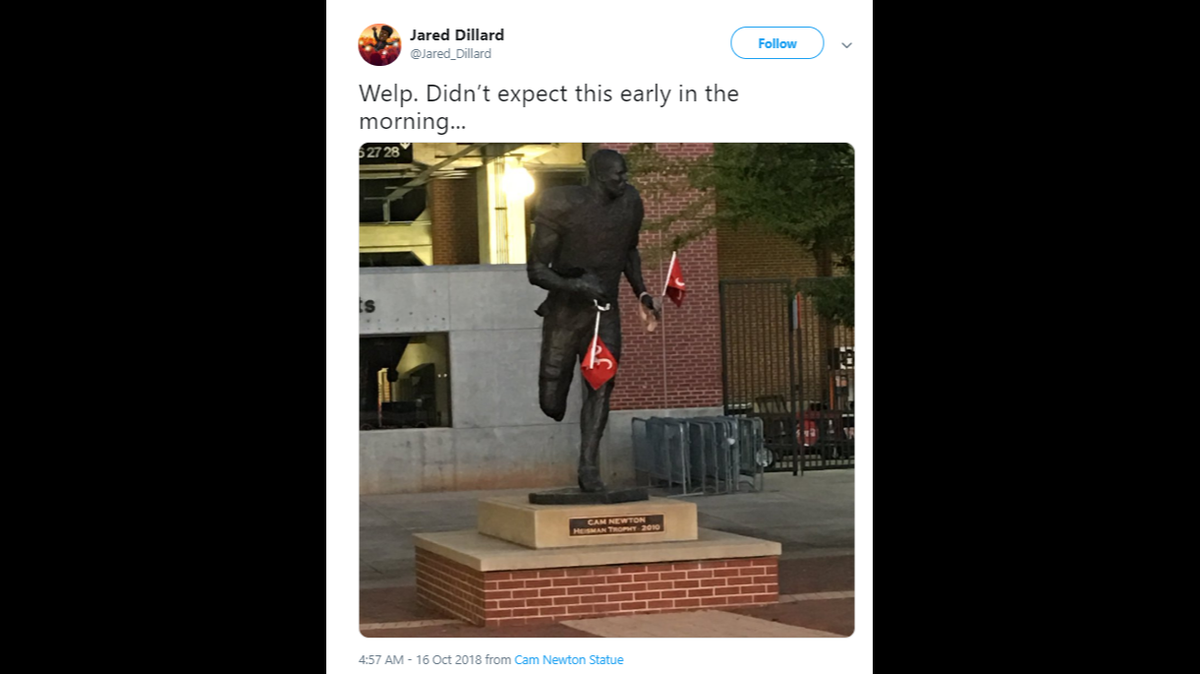 Who “defaced” the Carolina Panther Cam Newton’s statue outside Auburn’s stadium?