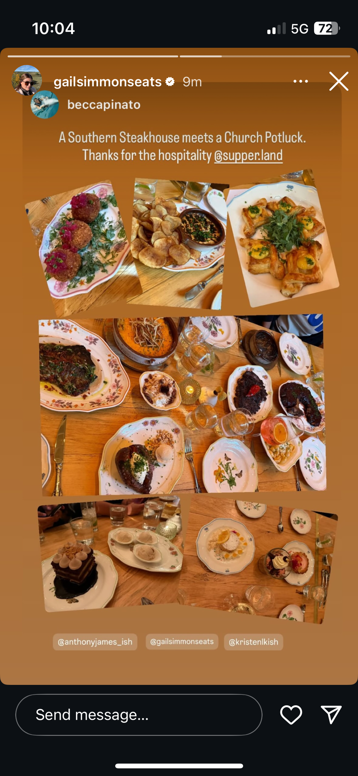 Six photographs show a collection of food on white plates with floral designs in this Instagram story post.