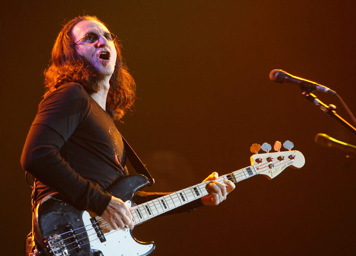 Rush lead singer, Geddy Lee entertains the crowd at the Idaho Center during their Snakes and Arrows tour.