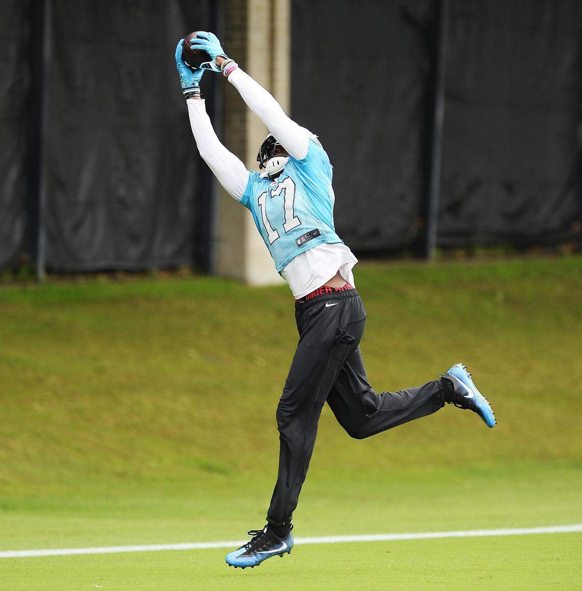 Carolina Panthers wide receiver Devin Funchess (17) makes a reception during organized team activities on Tuesday, May 29, 2018. Funchess implemented a stricter training regimen this offseason so that he could be ready to be an impact player in the final year of his rookie deal.