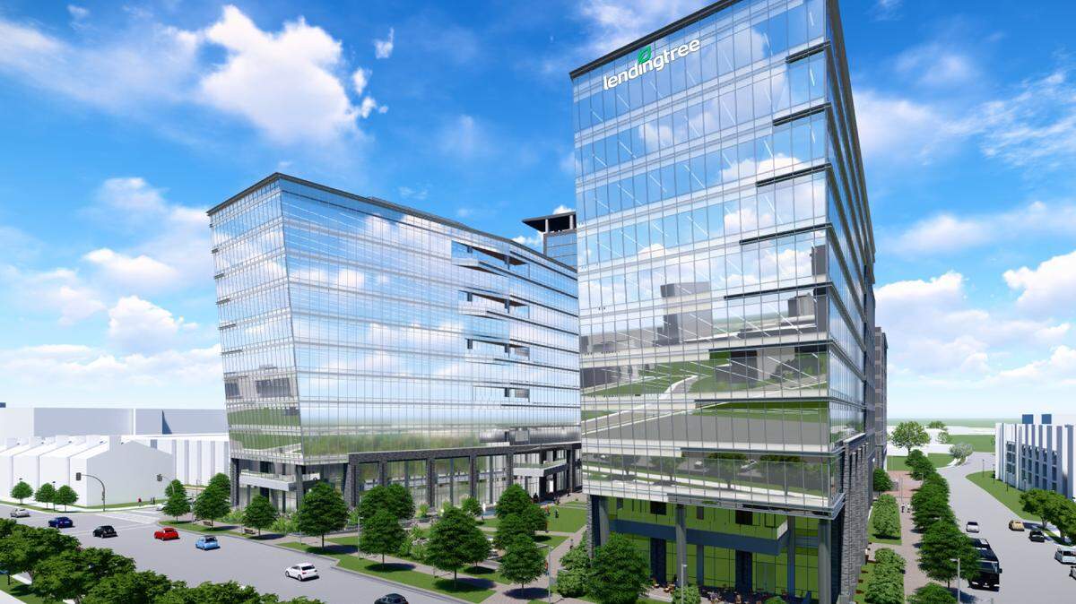 A rendering of LendingTree’s headquarters, part of a pair of office towers planned in South End. Developer The Spectrum Companies broke ground on the building Thursday.