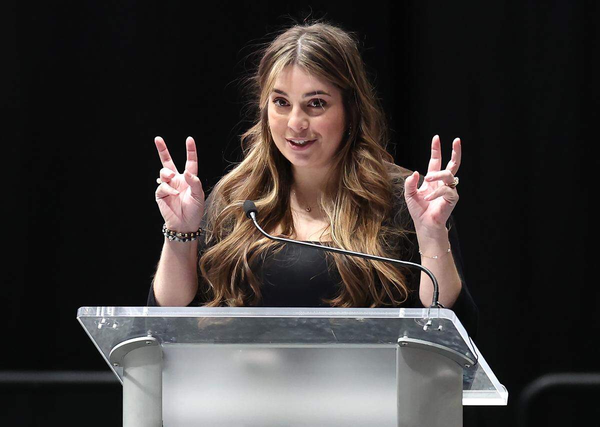 Jordyn Biffle, niece of former NASCAR driver Greg Biffle, speaks during a memorial service Friday morning at Bojangles Coliseum in Charlotte.