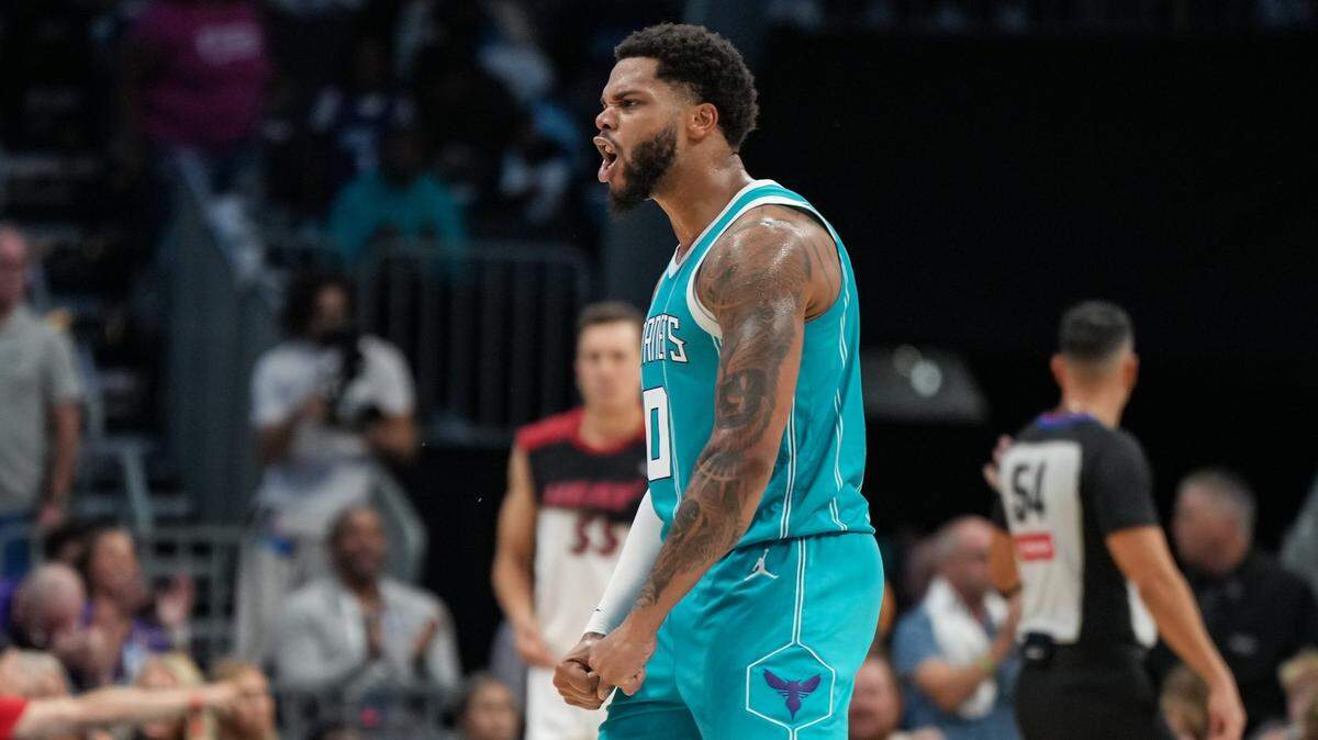 Charlotte Hornets forward Miles Bridges (0) reacts during the second half of the team’s home opener against the Miami Heat Saturday. The Hornets lost, 114-106, to fall to 1-2 on the season.