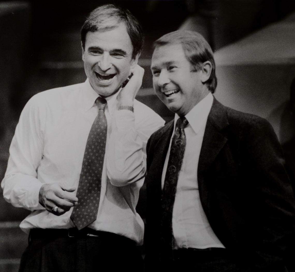 Carl Scheer (left) and George Shinn were the Charlotte Hornets’ original general manager and owner, respectively, when the team began play in 1988. The Hornets began a streak of 364 straight sellouts in the 23,698-seat Charlotte Coliseum that season.