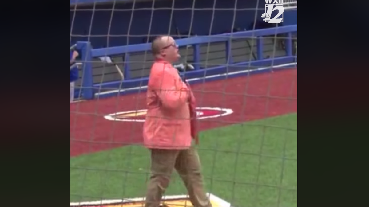 Chuck Hayworth tries his hand at singing the National Anthem Sunday in High Point, despite getting over heated.