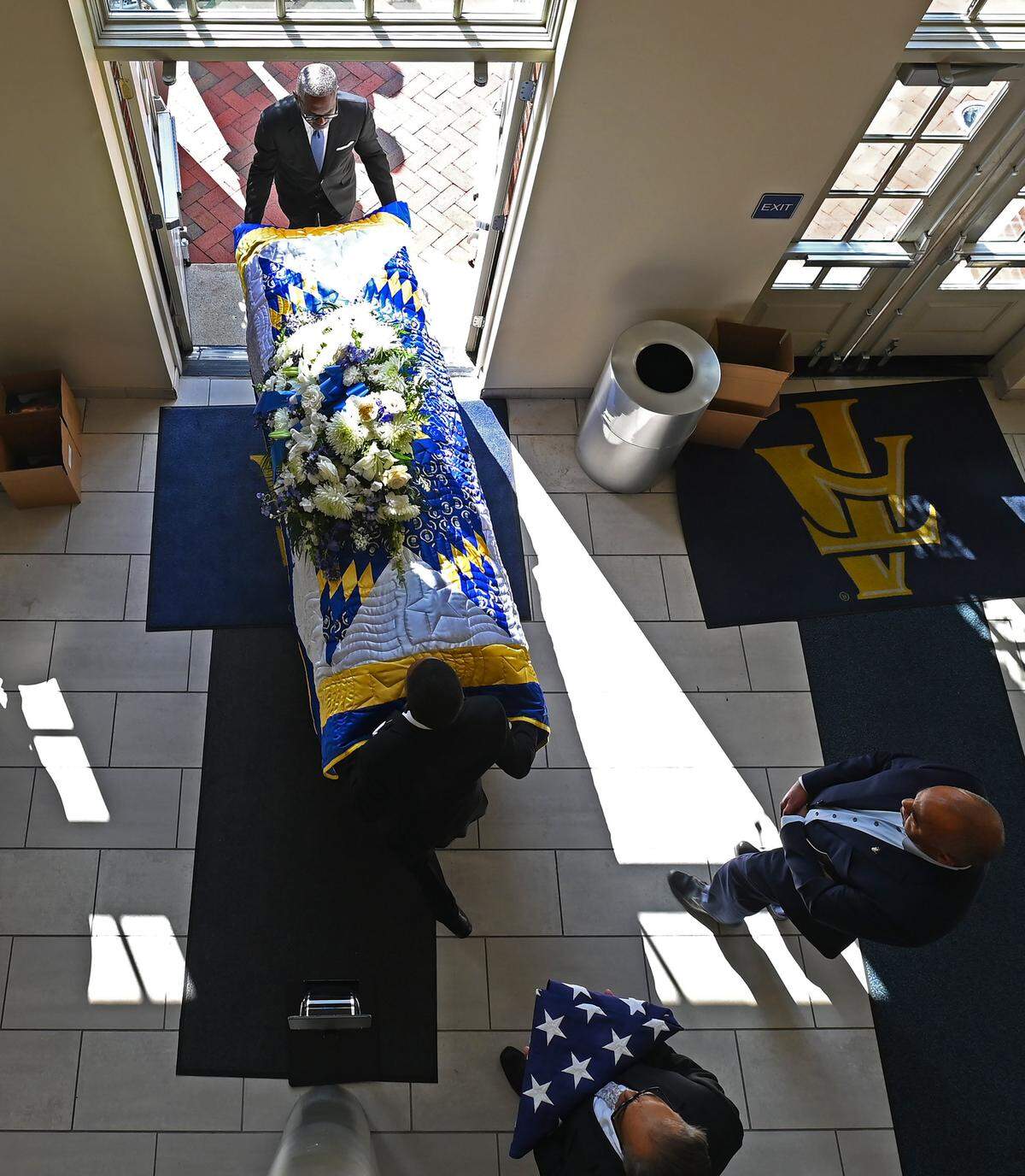 A casket of Maj. Gen. Joseph McNeil leaves Harrison Auditorium on the campus of North Carolina A&T State University in Greensboro on Thursday, September 11. 