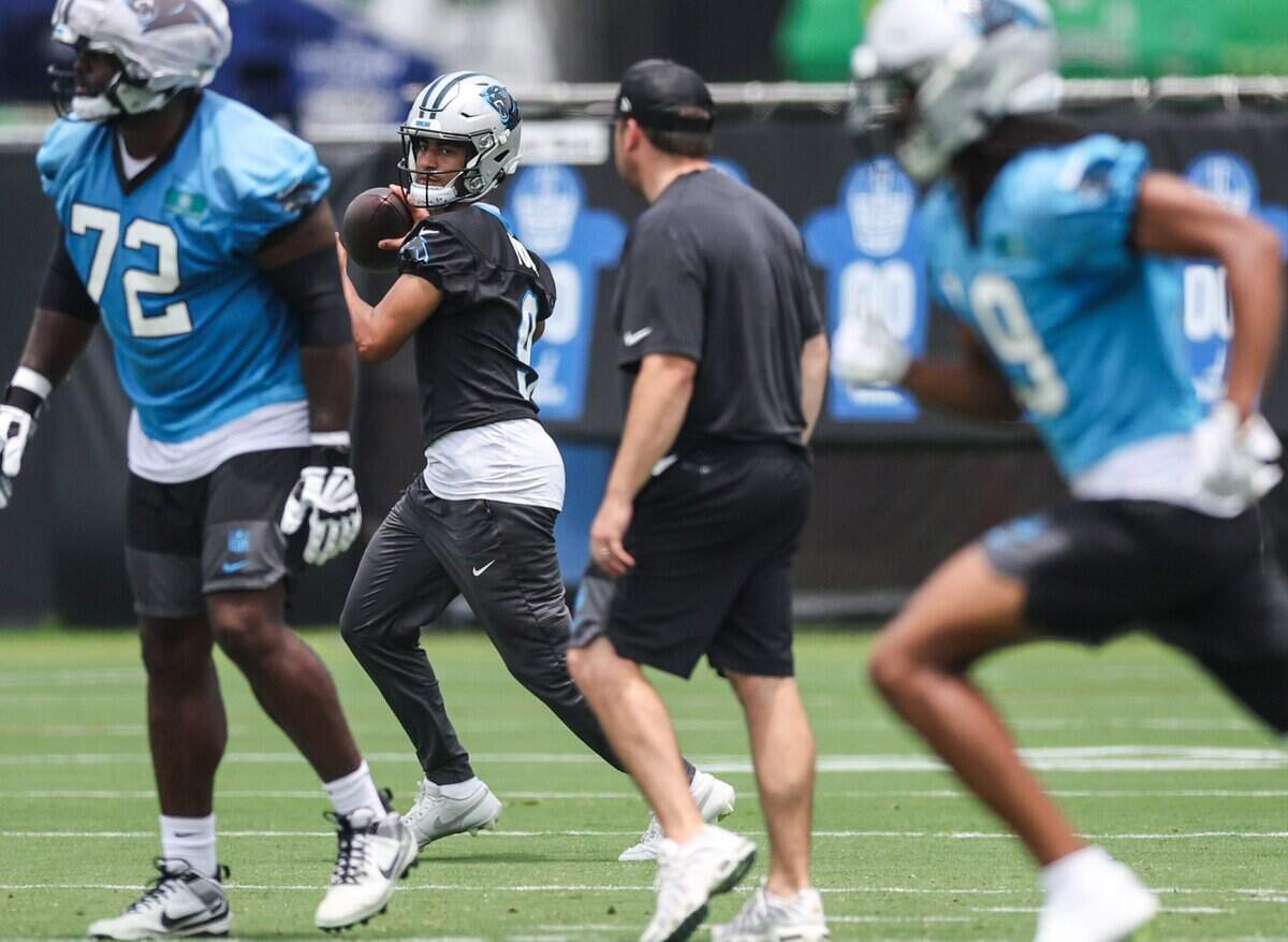 Panthers quarterback Bryce Young, second from left, during mandatory minicamp in Charlotte on Tuesday, June 9, 2026