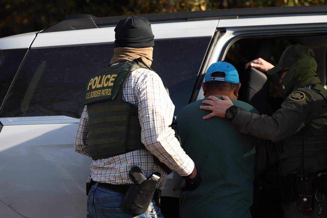 Border Patrol agents seen arresting a man in southeast Charlotte on Sharonbrook Drive who was walking back to his home Sunday morning, Nov. 16, 2025.