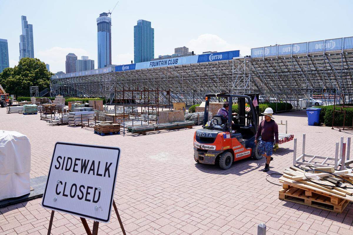 Jun 24, 2023; Chicago, Illinois, USA; A general view of the construction progress of the Fountain Club, next to Buckingham Fountain, before the Chicago Street Race. Mandatory Credit: Jon Durr-USA TODAY Sports