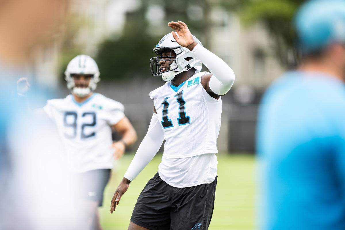 Carolina Panthers Nic Scourton warms up during the Carolina Panthers Rookie Minicamp in Charlotte, N.C., on Saturday, May 10, 2025.