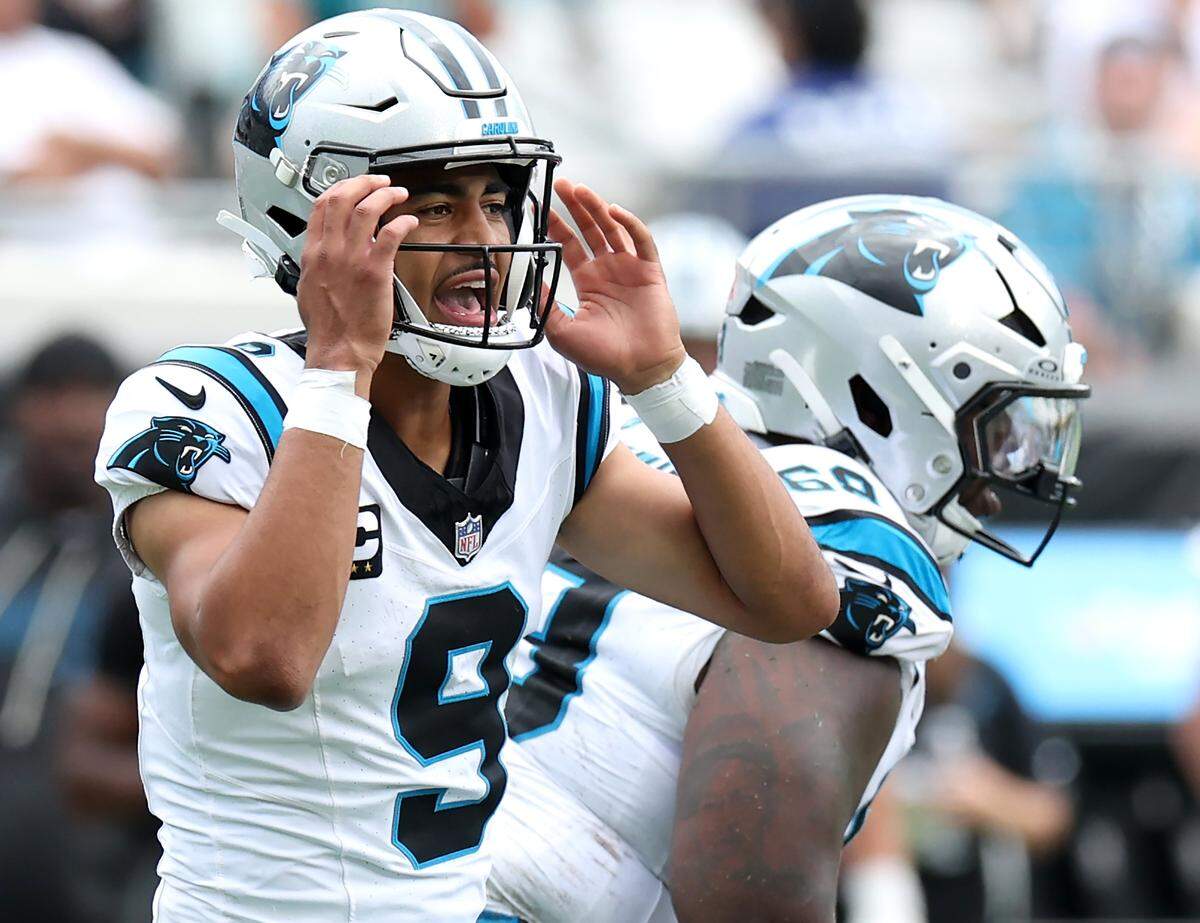 Carolina Panthers quarterback Bryce Young yells instructions to the offensive line during action against the Jacksonville Jaguars on Sunday, September 7, 2025, at Everbank Stadium in Jacksonville, Florida.
